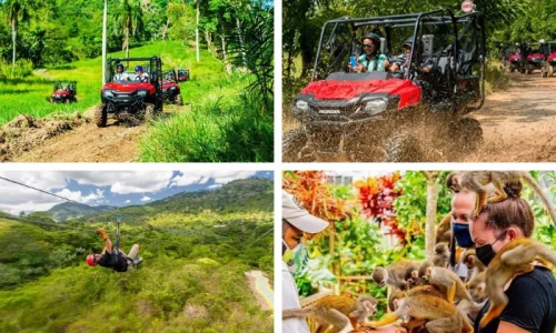Family adventures in Bayahibe: off-roading, zip-lining, and interacting with monkeys in lush tropical landscapes.